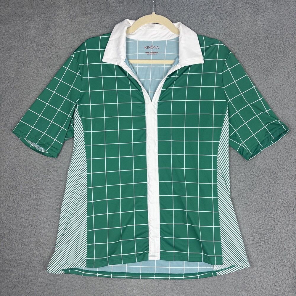 Kinona Green White Check Golf Pickleball Tennis Shirt Size Large Activewear